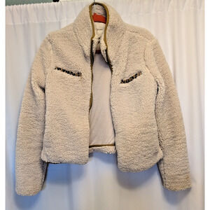 Thread & Supply S cream fuzzy jacket leopard print accents zipper